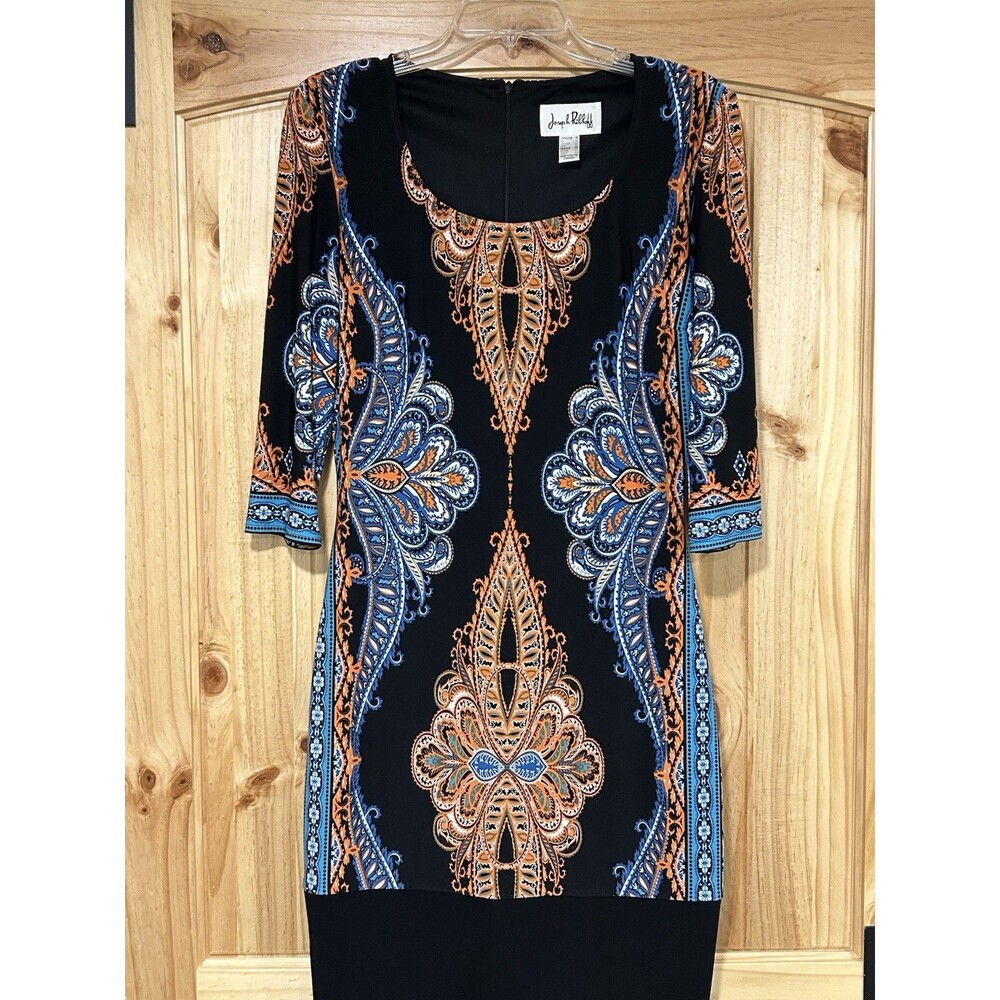Joseph Ribkoff Sheath Dress Black Round Neck Blue Orange Paisley Print Size 10